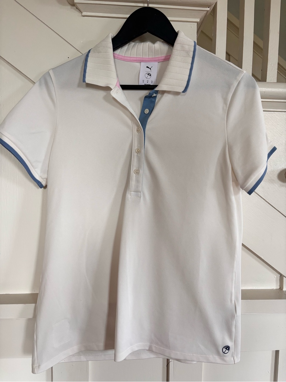 Puma Golf White Polo with Blue Trim and Pink Collar Accent